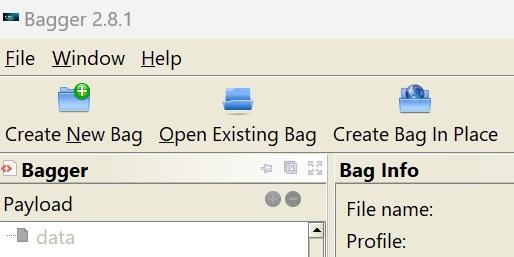 Screenshot from Bagger GUI showing menu options, including "Create New Bag."