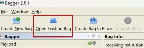 Screenshot from Bagger GUI showing the menu option, "Open Existing Bag"