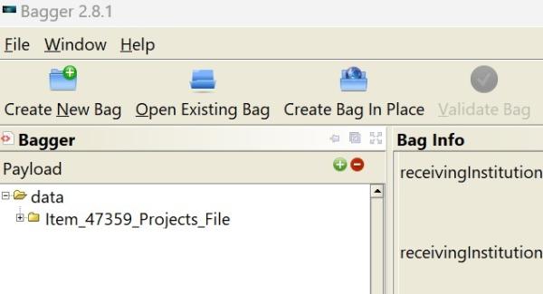 Screenshot from Bagger GUI shows files, or "payload" the user has added to the bag in a panel on the right side of the interface
