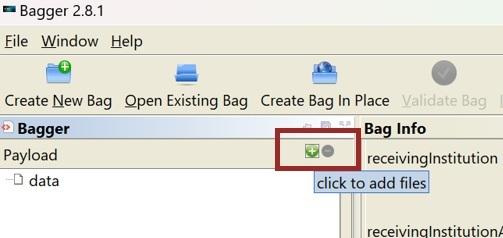 Screenshot from Bagger GUI. A dark red rectangle frames the green data button the user can click to add folders and/or individual files to the "bag."".
