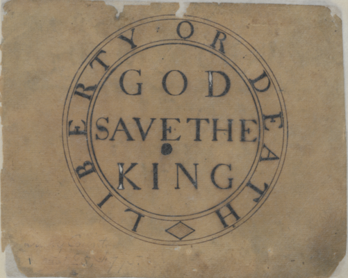 Emblem reading Liberty or Death in a circle around God Save the King.