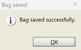 Screenshot from Bagger GUI showing a pop up message reading, "Bag saved successfully"