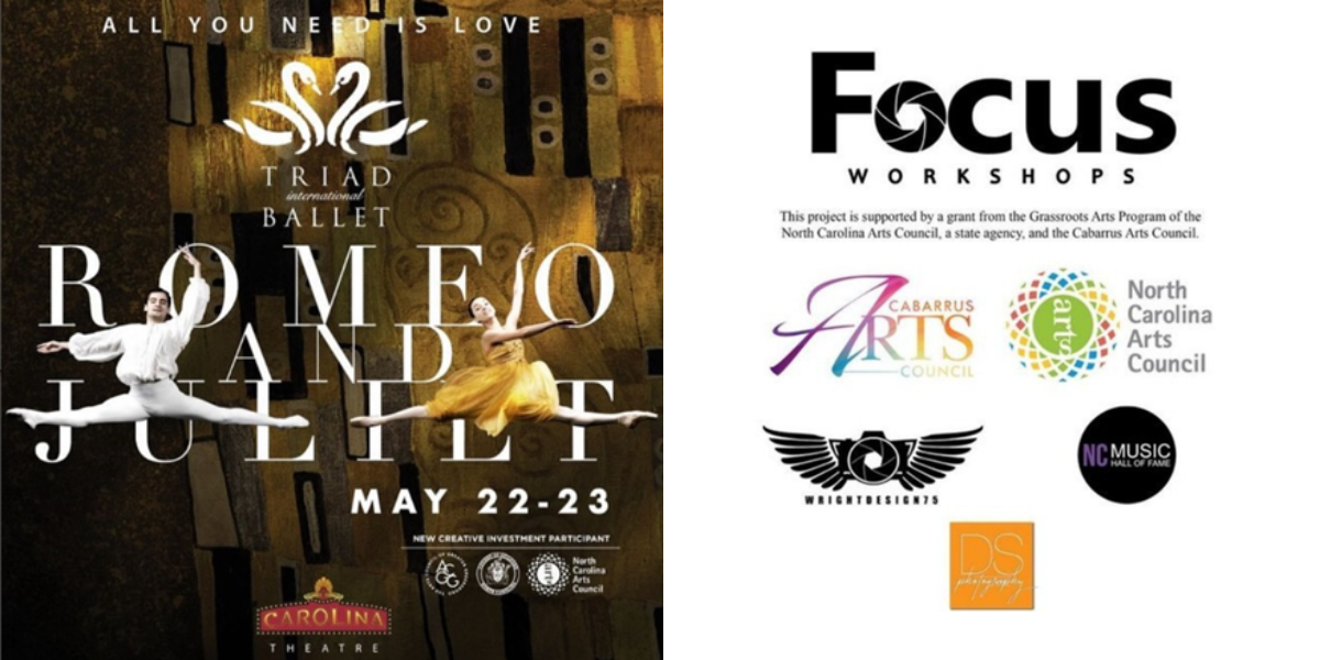 Example social media posts crediting the N.C. Arts Council - an ad for Triad Ballet's Romeo and Juliet at Carolina Theatre, and Focus Workshops in Cabarrus county
