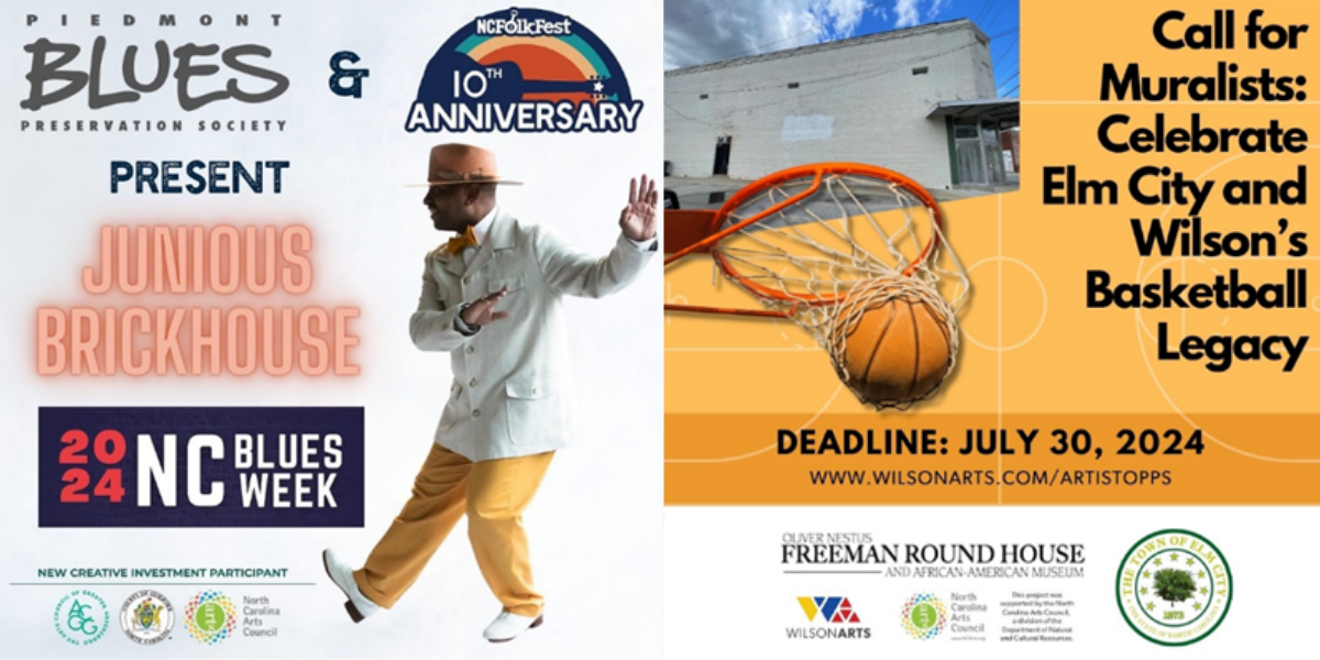 Example social media posts crediting the N.C. Arts Council - a social ad for 2024 NC Blues Week and a call for muralists in Wilson