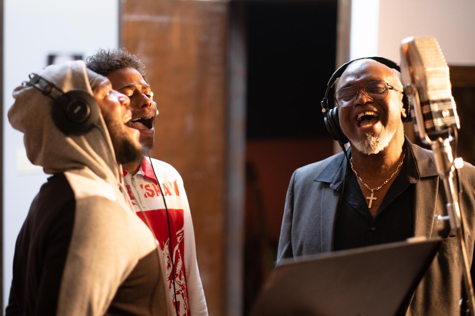 The Dedicated Men of Zion singing and recording at the Music Maker Studio
