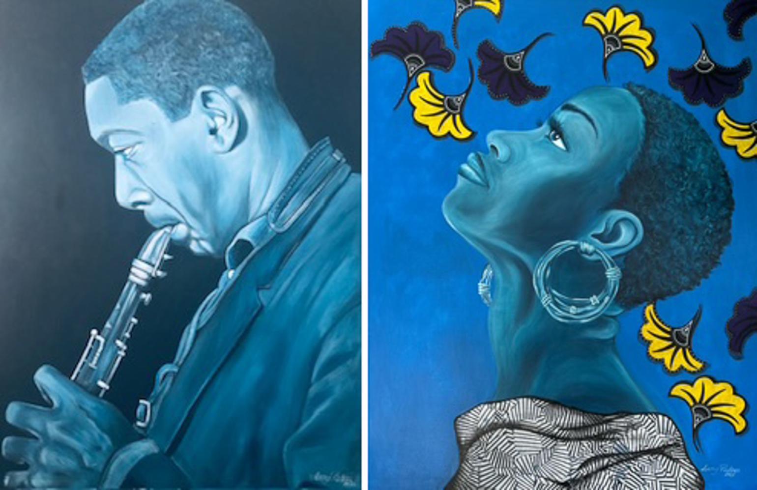 On left, painting of man playing an saxophone, A Love Supreme. On the right, a painting of a woman looking up. Both paintings by Jenny Pickens 
