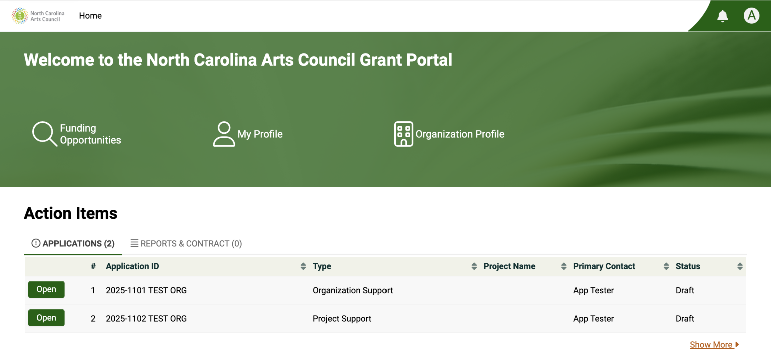 Applicant homepage in OPAL
