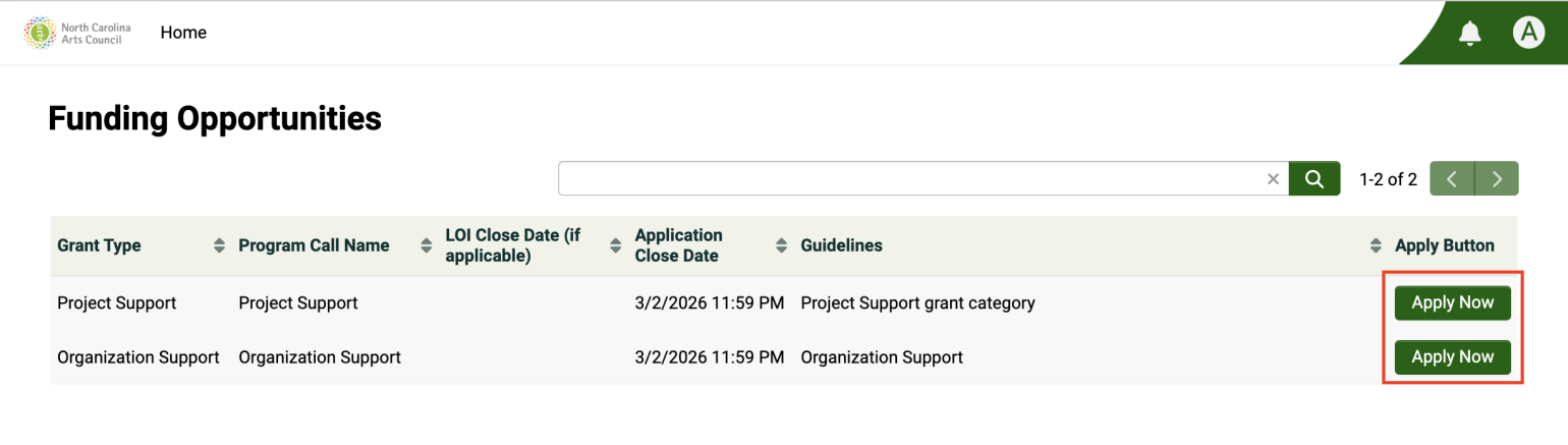 Funding opportunities list of grants in OPAL