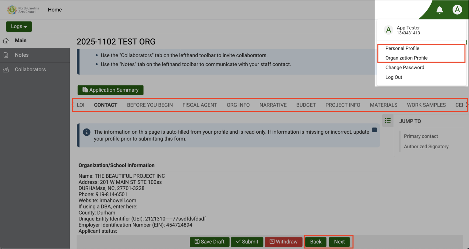 Applicant profile in OPAL