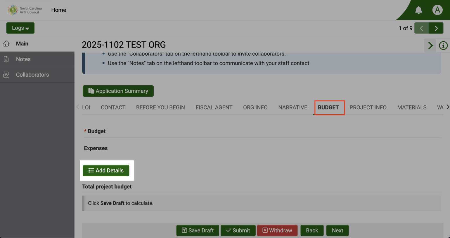 Use the add details button to add items to the budget table