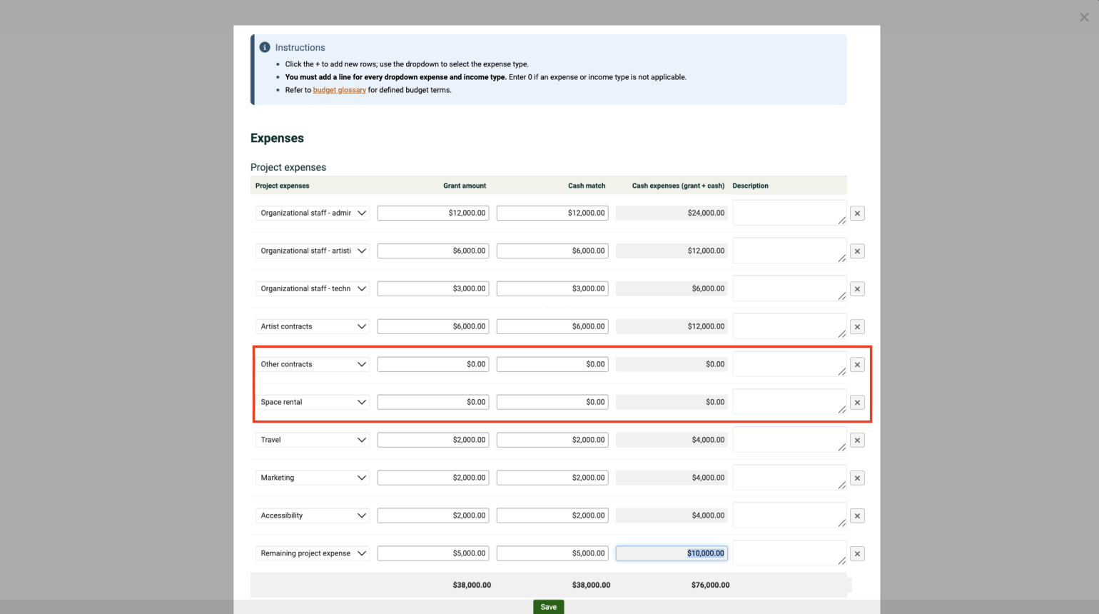 Budget table instructions in OPAL