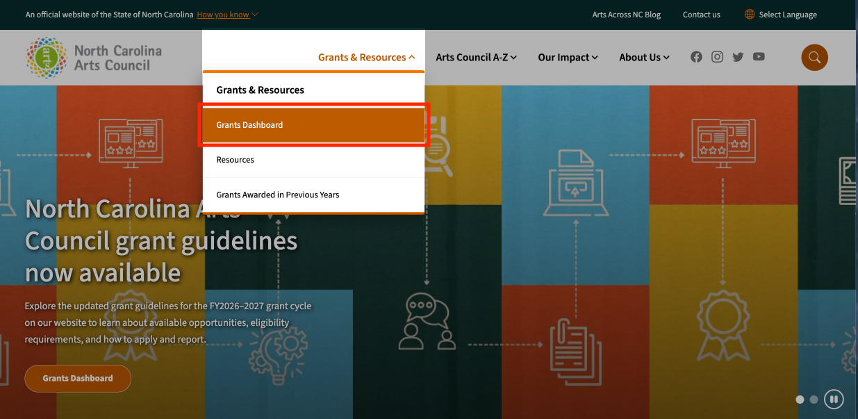 Screen shot of a drop down menu to go to Grants Dashboard on the N.C. Arts Council site