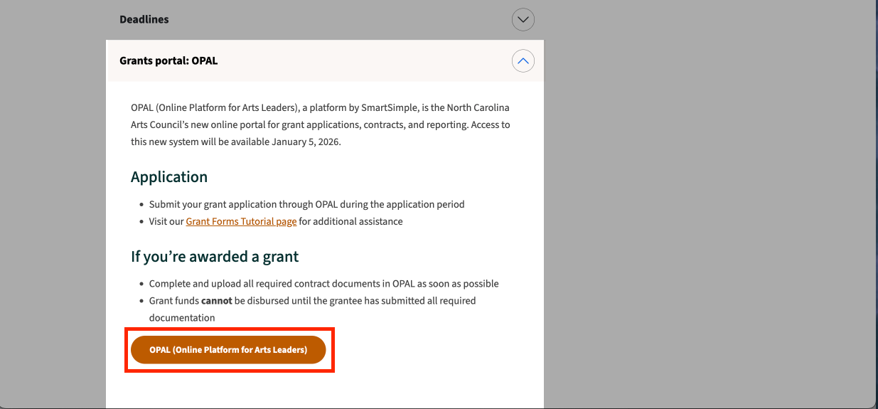 OPAL button on the grants dashboard
