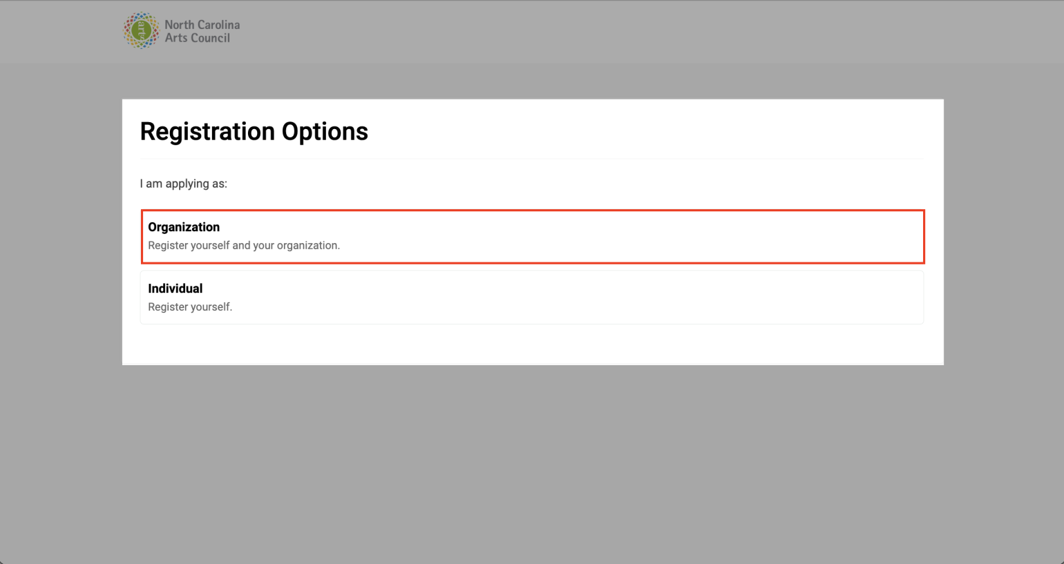 Registration Options page in OPAL