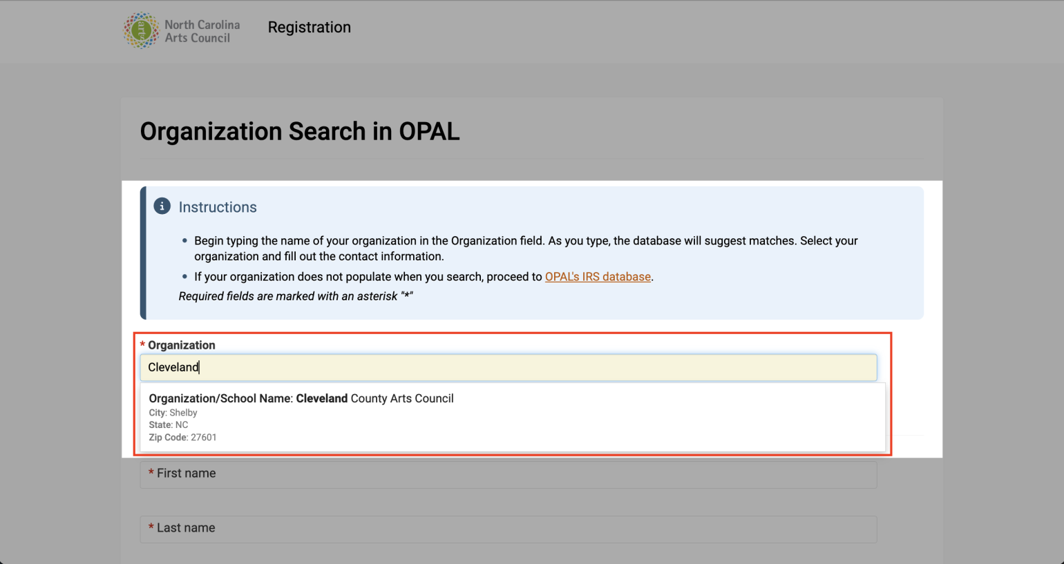 Organization search in OPAL page
