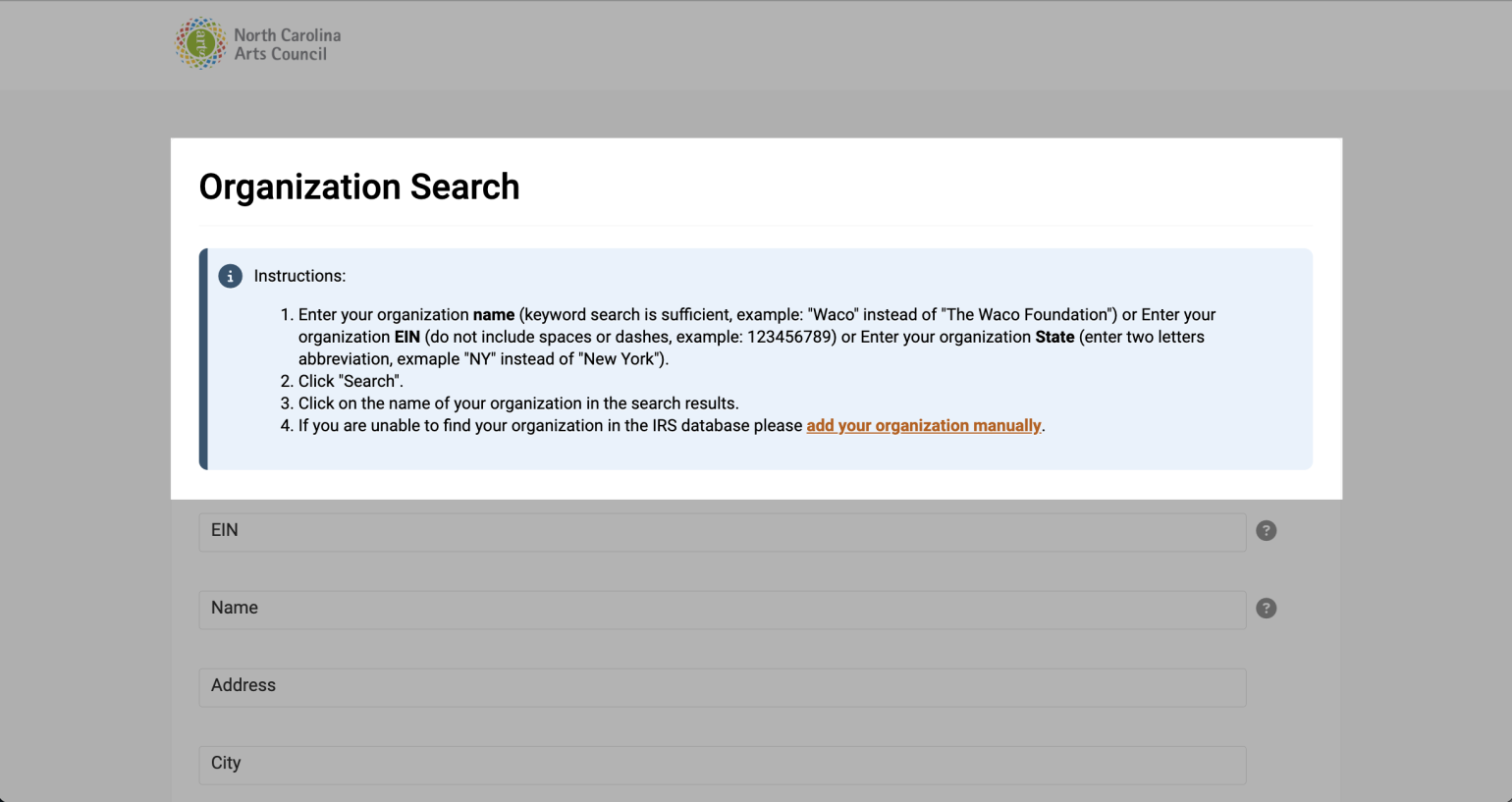 OPAL's IRS search page