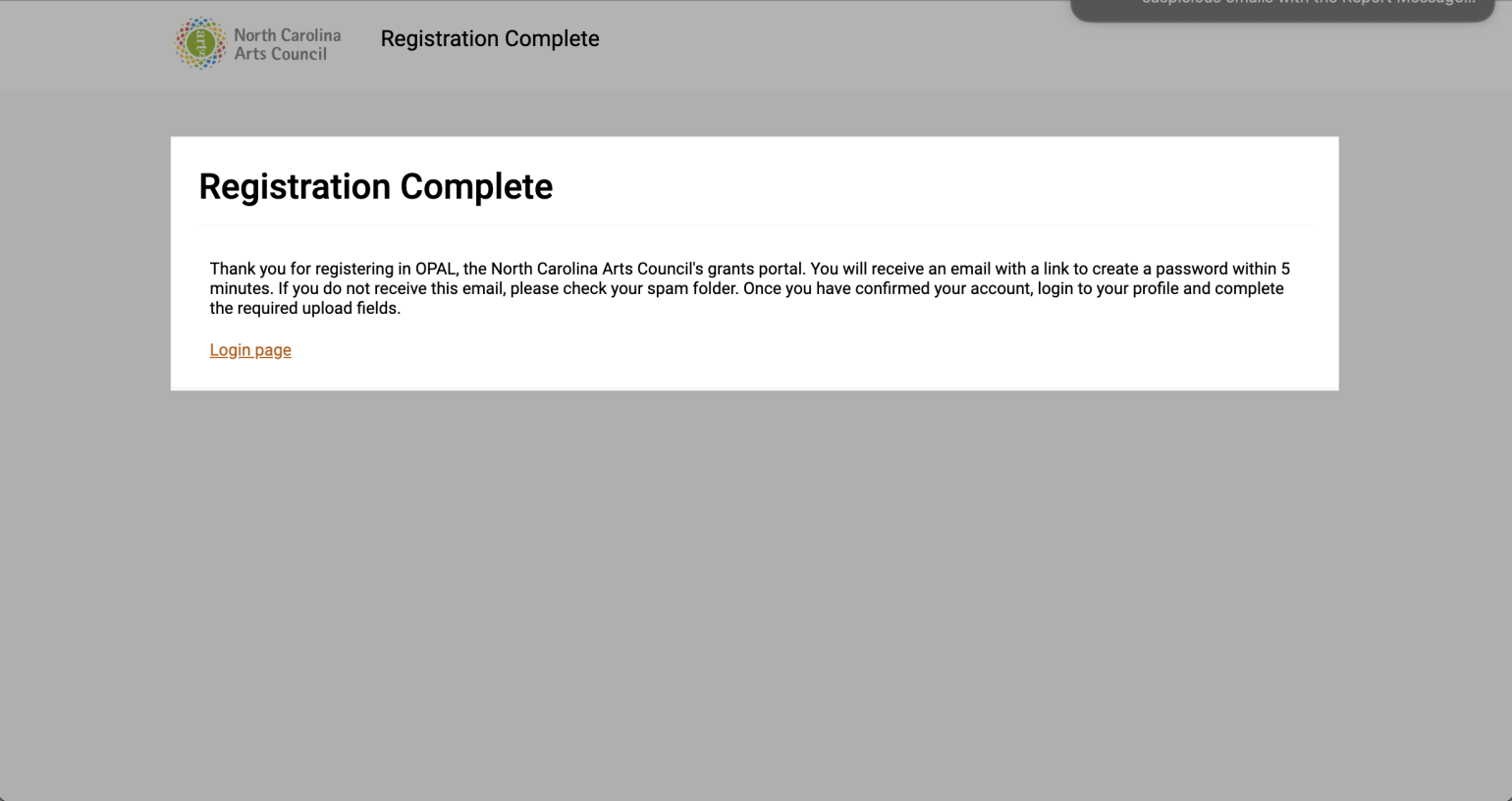 Registration complete page in OPAL