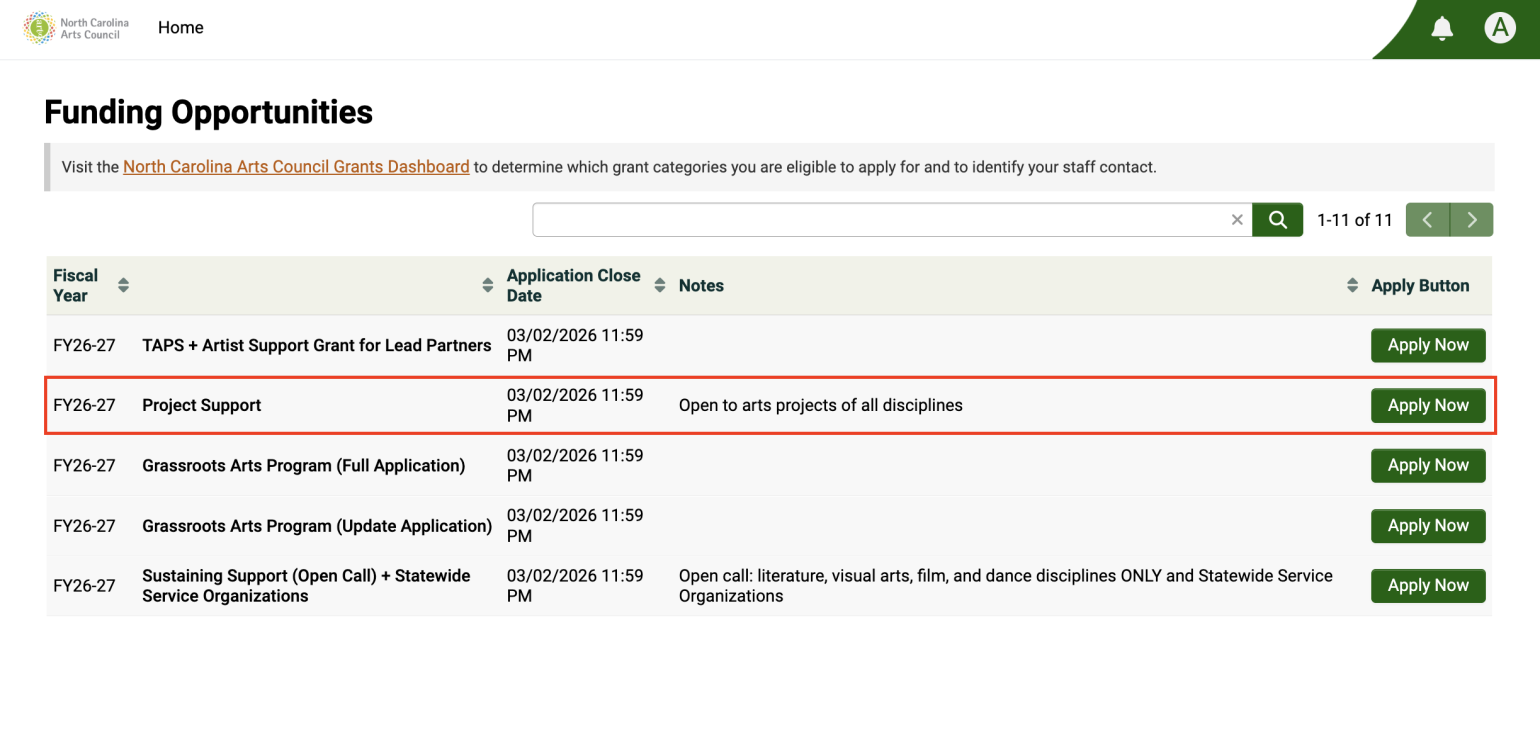 Funding opportunities list of grants in OPAL