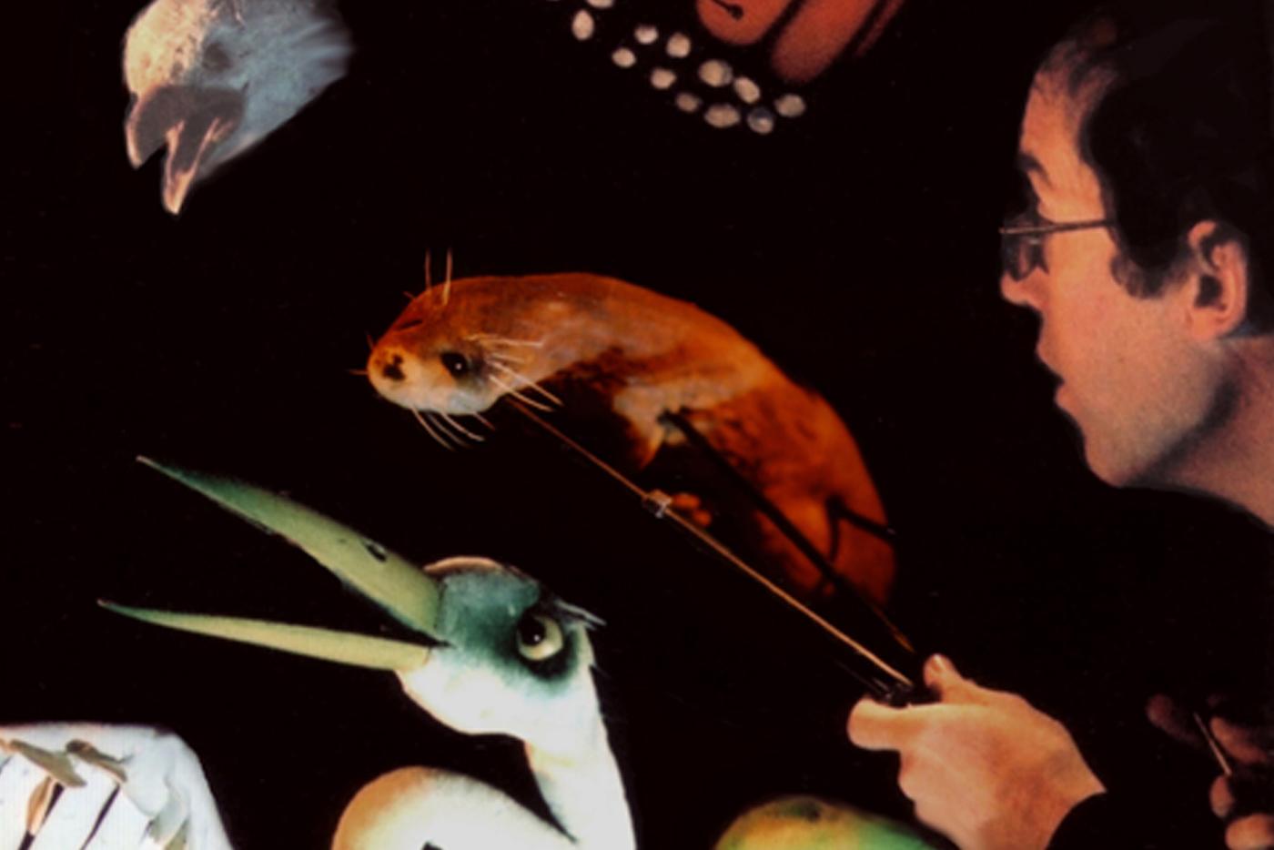 Hobey Ford, puppeteer with his creations in puppet show, Animalia. 