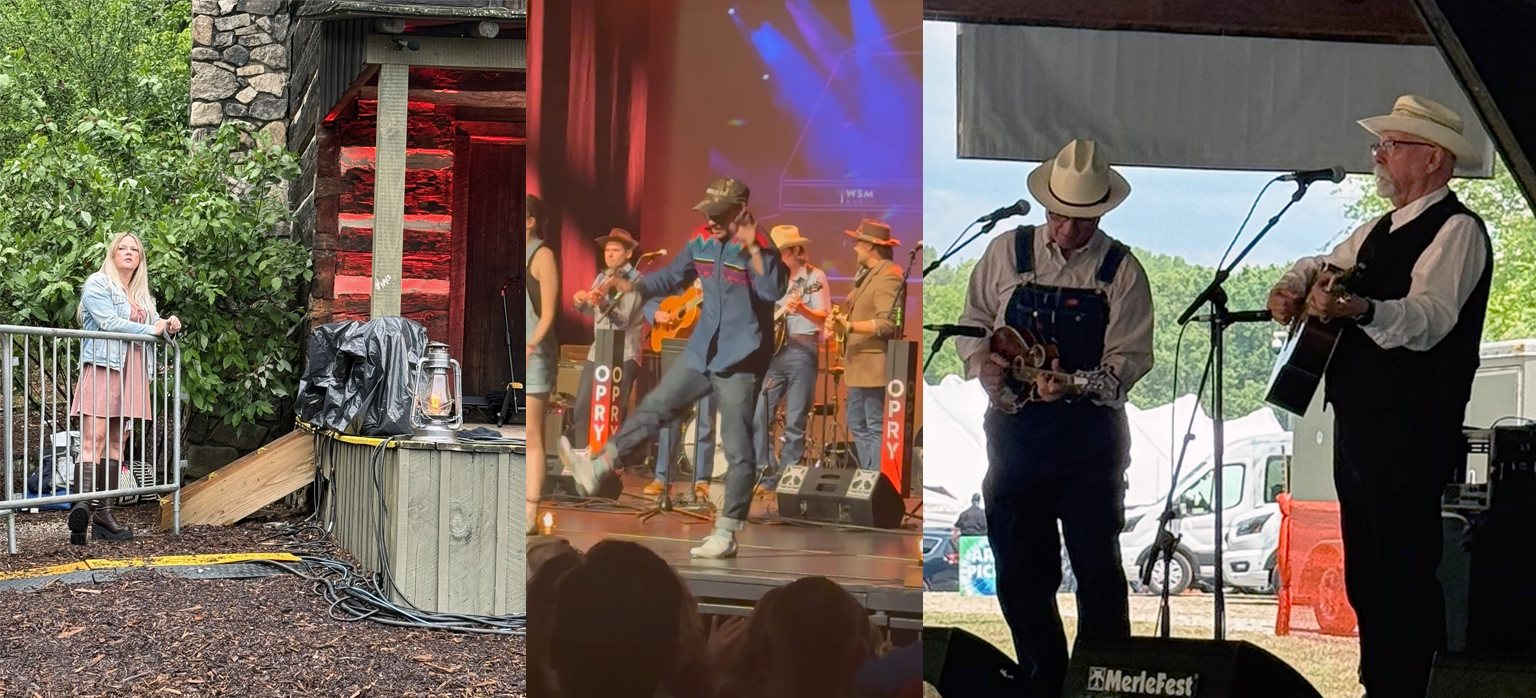 1: Donna Ray Norton waits beside the Cabin Stage; 2: Billy Jackson dances at a Late Night Jam; 3: Compton & Newberry play the Creekside stage
