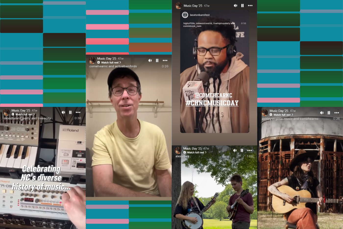 a collage of various musicians playing music on Make Music Day NC 2025