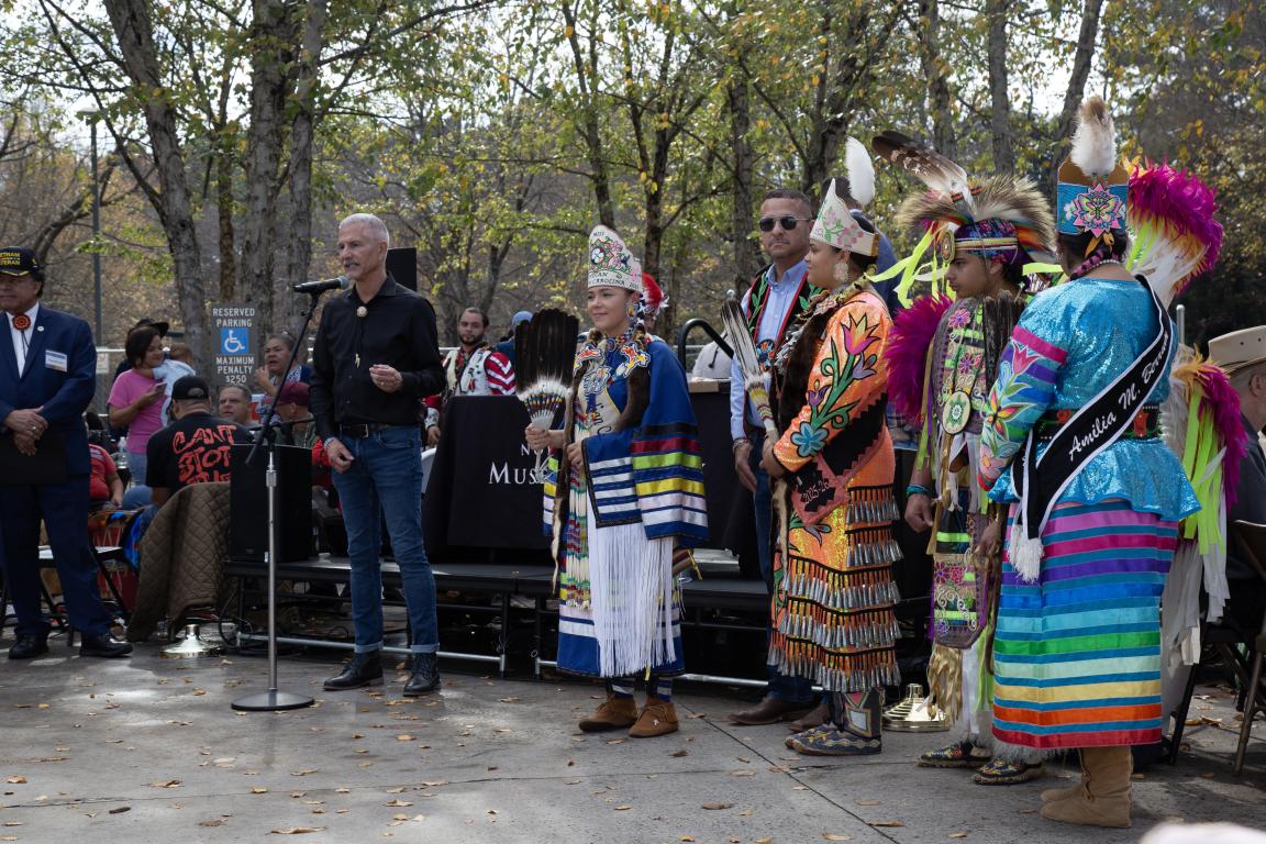 Kerry Bird, director of the American Indian Heritage Commission, speaking at the 30th year anniversary celebration at NCMA