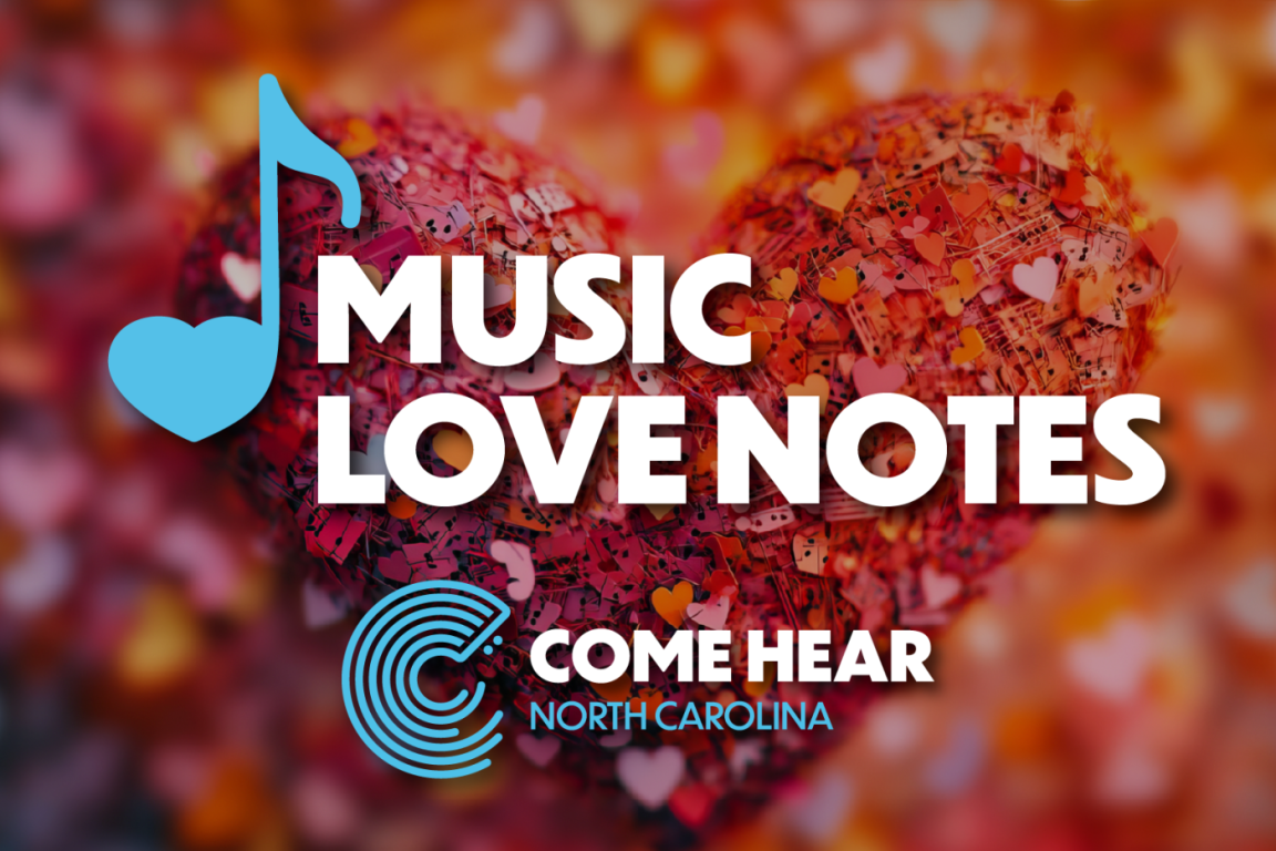 Music Love Notes graphic featuring music staff with a heart shape red heart background