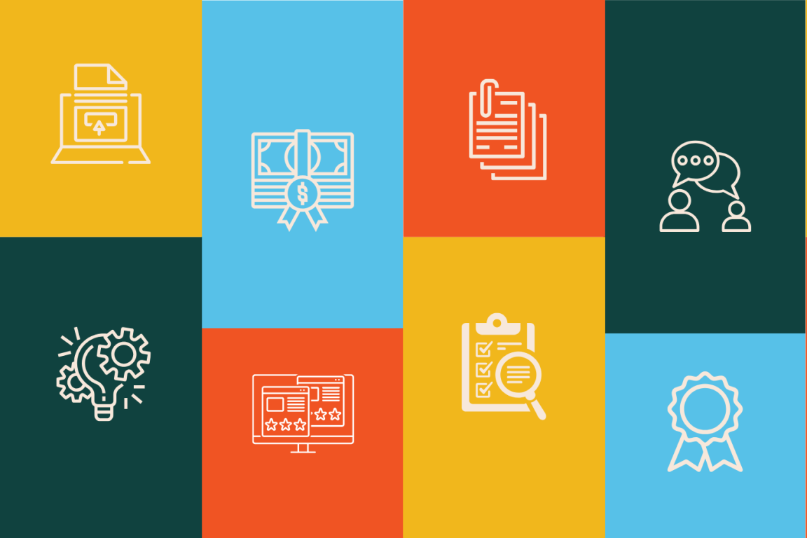 Graphic with colorful rectangles and symbols representing granting