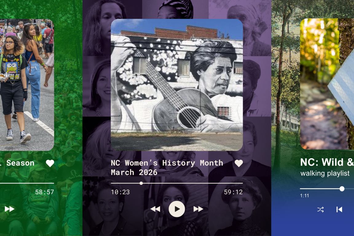 three spotify playlist icons: festival season, women's history, walking mix
