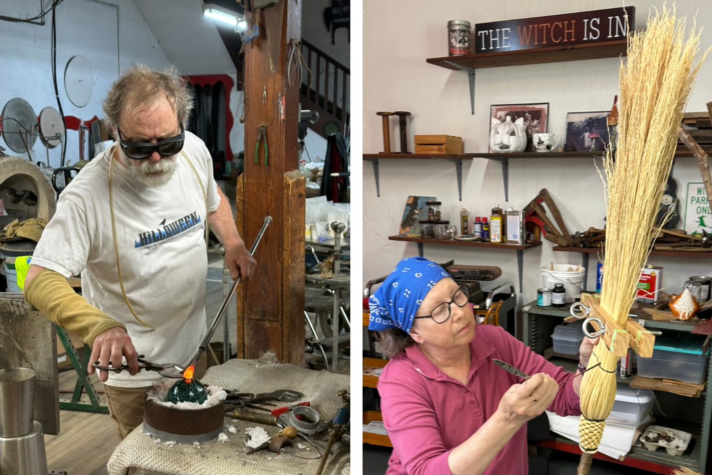 Artists Judson Guérard (glass blower) and Sally Morgan Guérard (broom maker)in their respective studios