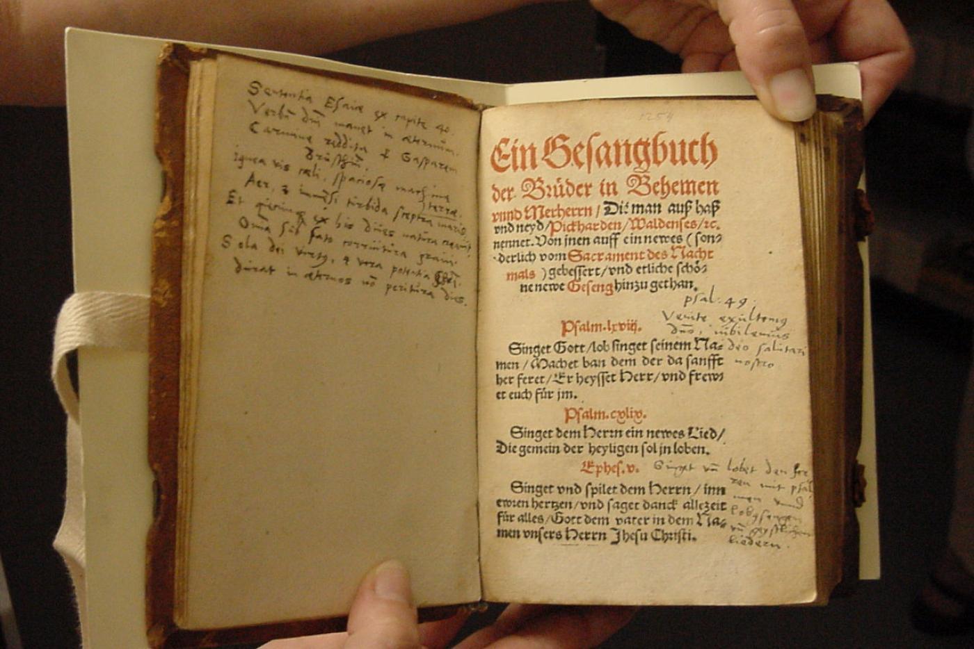 a moravian hymn book held open