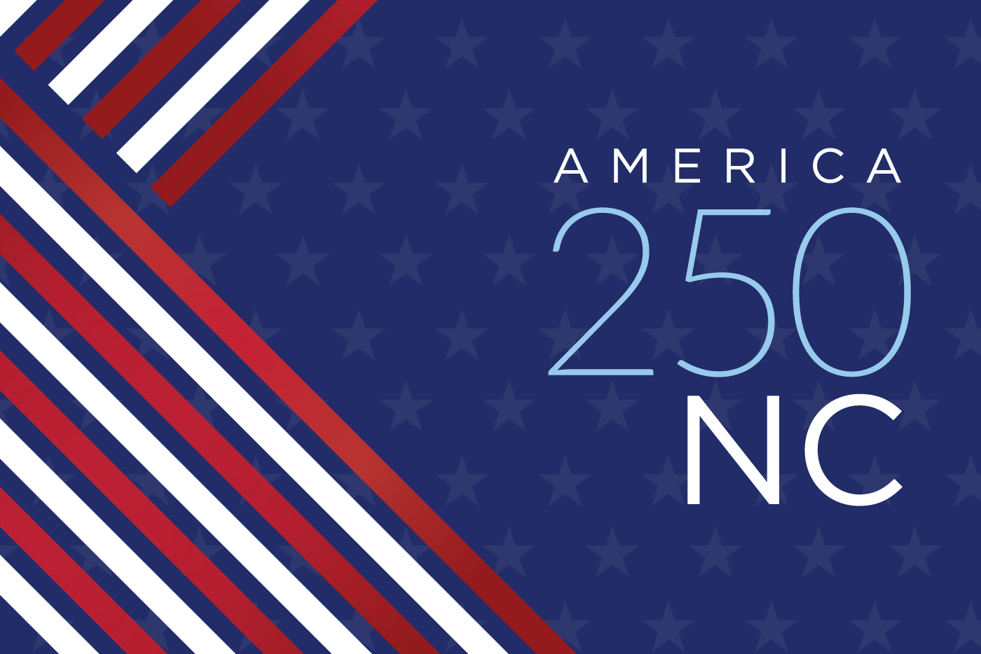 Blue graphic with red and white stripes and text, America 250 NC