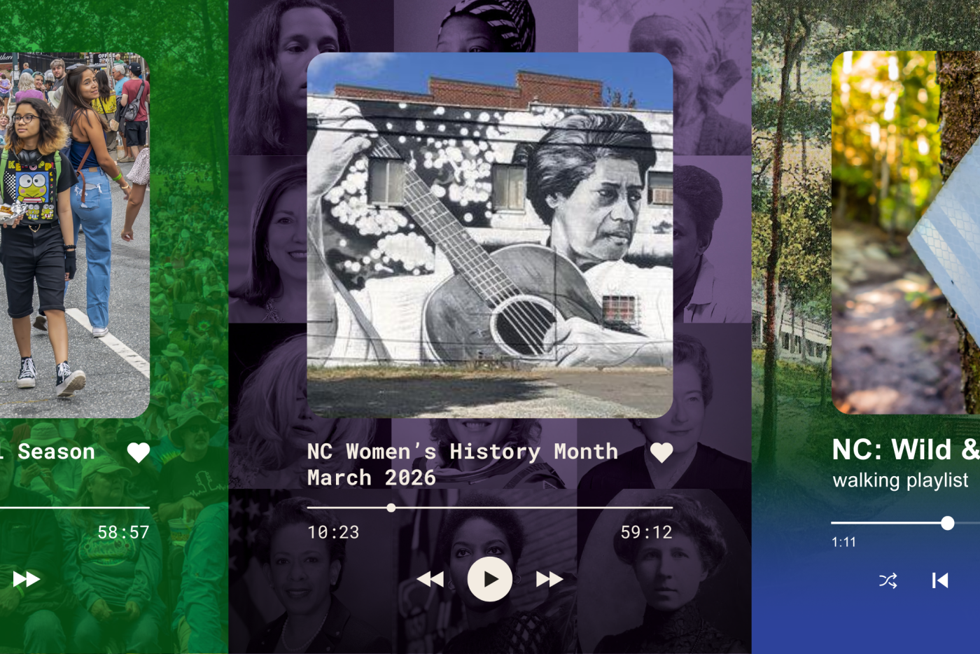 three spotify playlist icons: festival season, women's history, walking mix