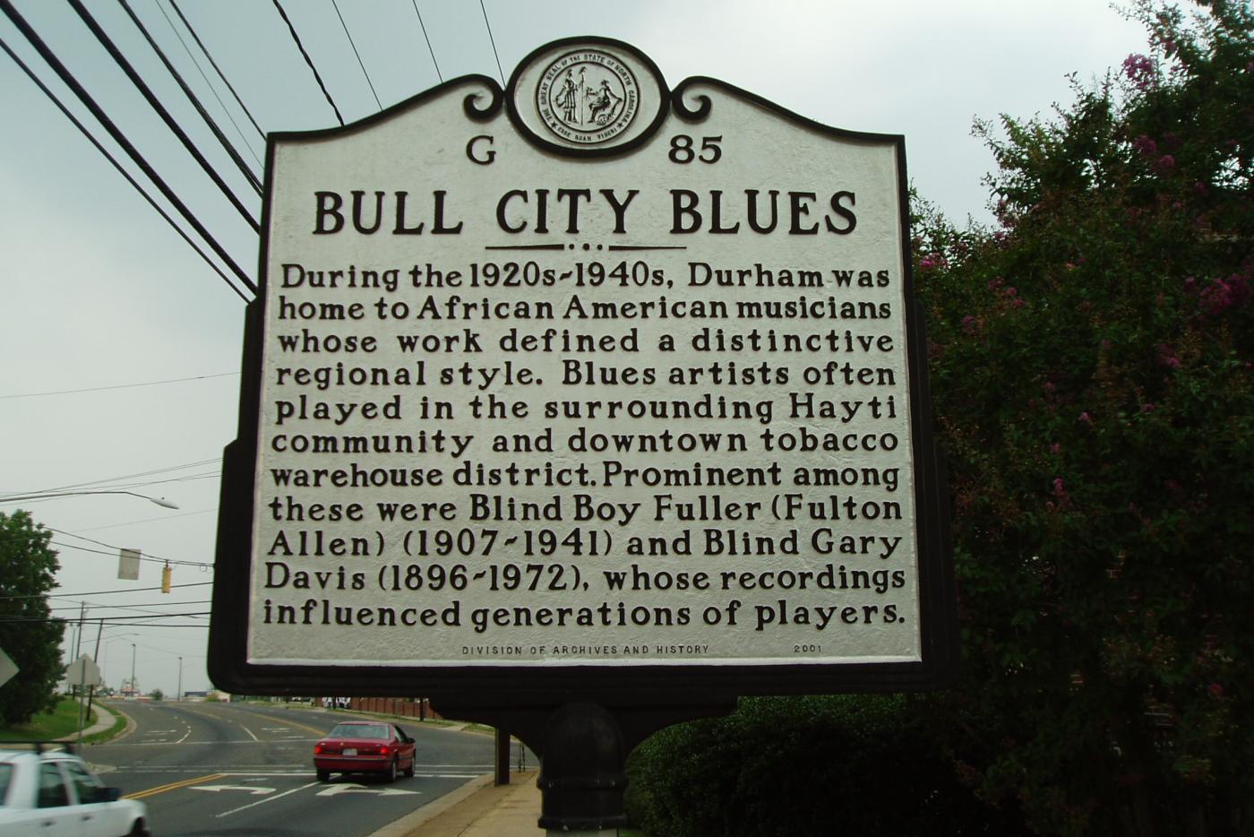 NC historical marker "Bull City Blues" in Durham, celebrating Rev. Gary Davis and Blind Boy Fuller