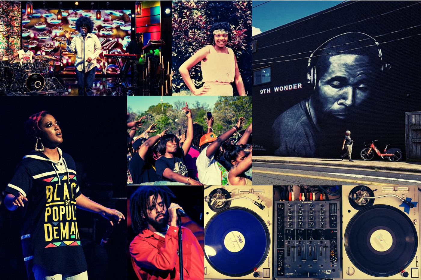 A collage of notable rap artists from North Carolina, such as Cyanca, MC Sha-Rock, J. Cole, Rapsody, and Ninth Wonder