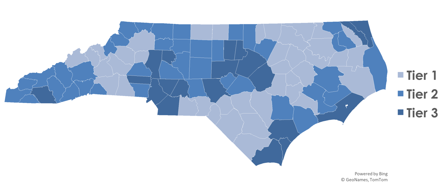 A map displaying North Carolina counties color coded to indicate the 2026 ranking of each county on the Economic Development Tiers system.