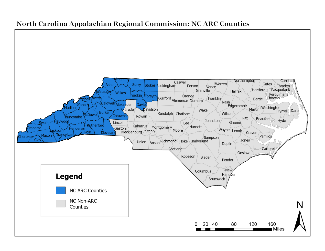 Map of the 31 North Carolina counties that are included in the Appalachian Regional Commission.