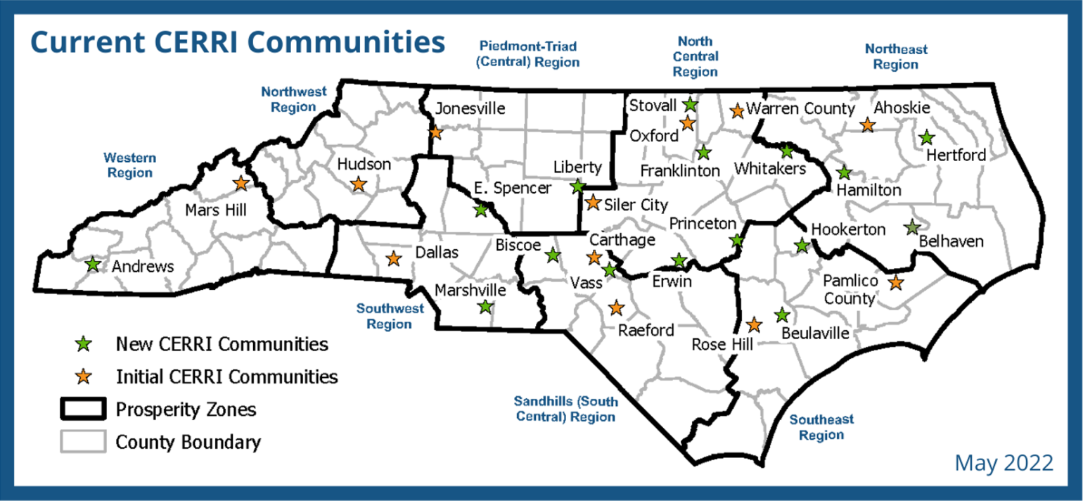 Map of that identifies NC communities that participated in the Community Economic Recovery and Resiliency Initiative as of May 2022