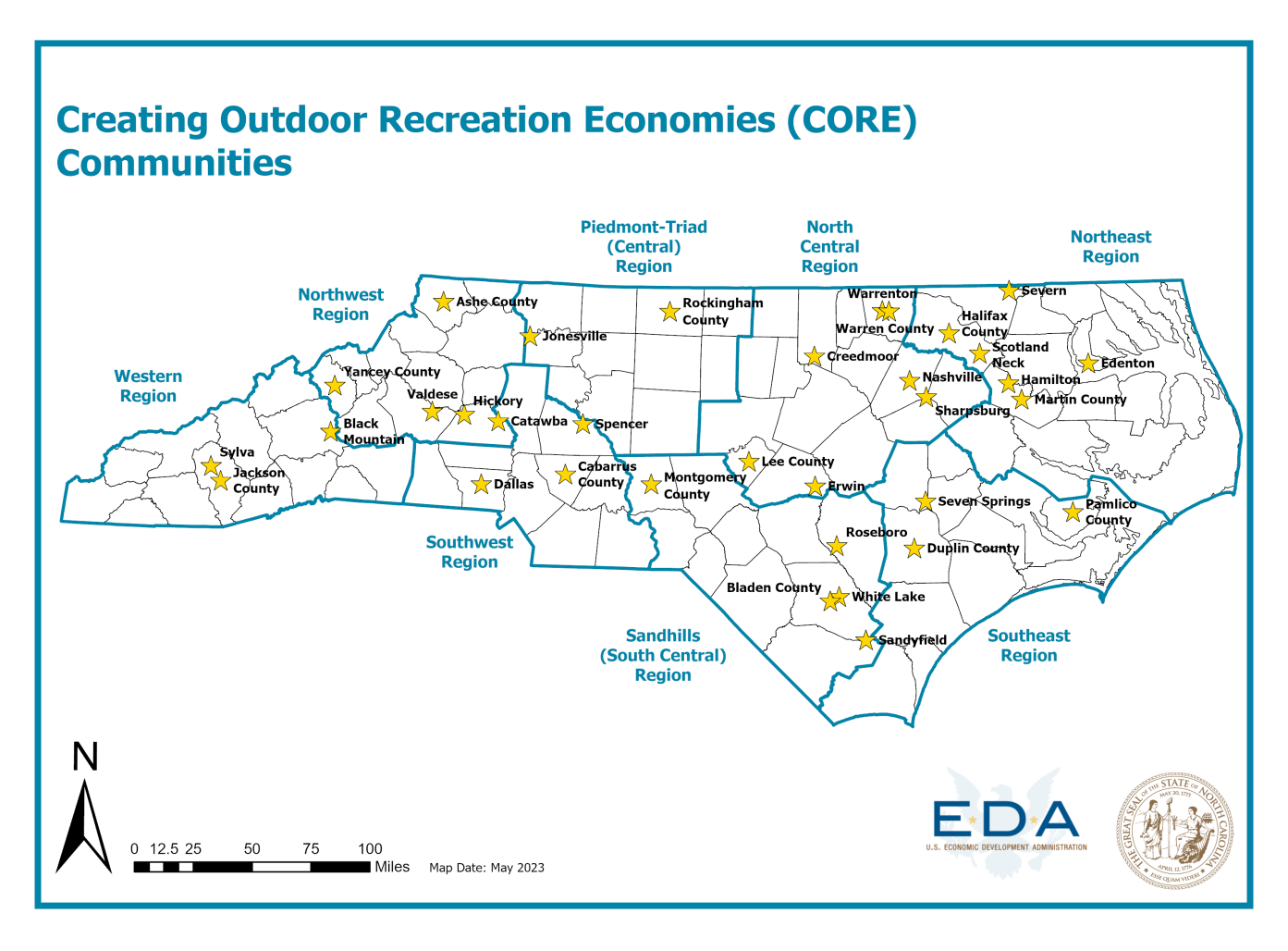 Map that identifies communities in the Creating Outdoor Recreation Economies program