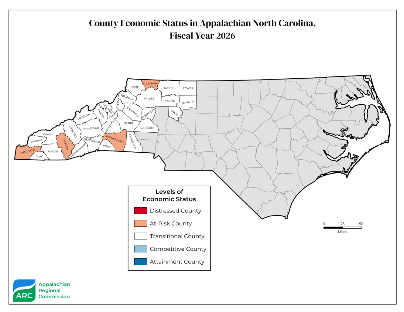 Map of County Economic Status in Appalachian North Carolina, Fiscal Year 2026