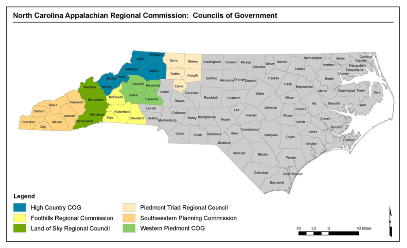 Map of Councils of Government serving the NC ARC area