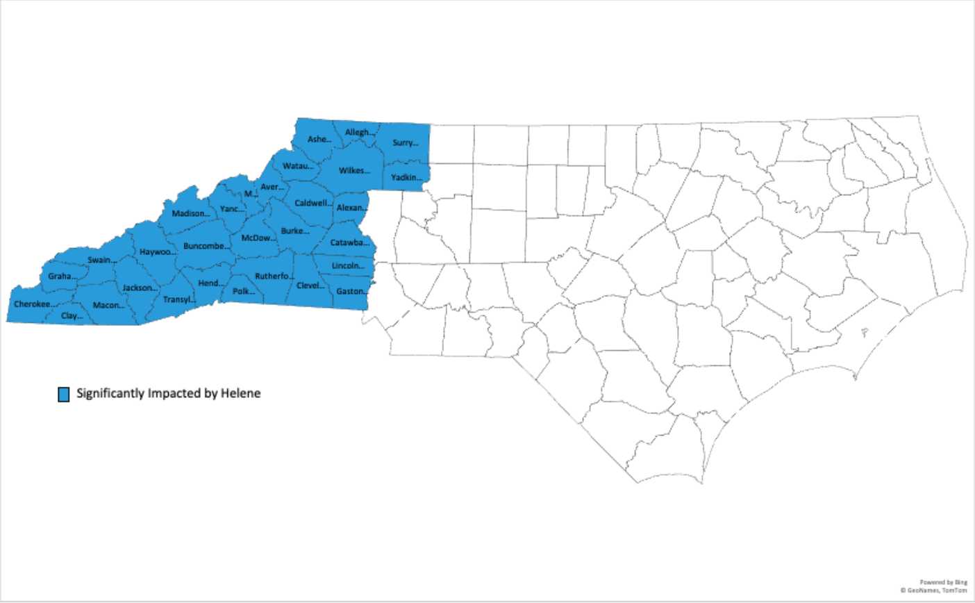 Map of North Carolina counties showing those significantly impacted by Helene
