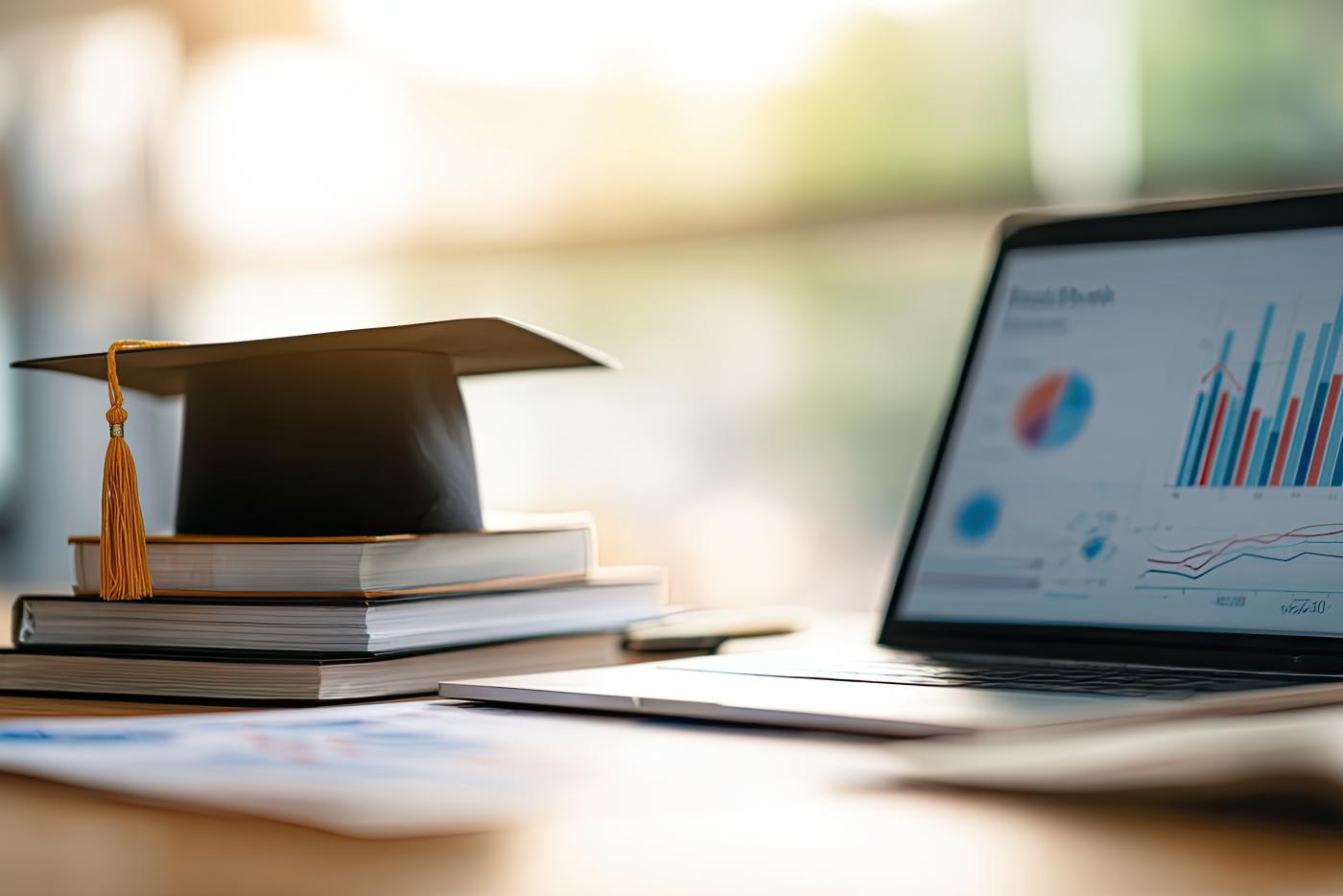 graduation cap atop books beside laptop displaying charts and graphs
