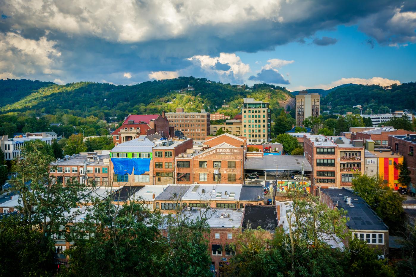 View of mountains and buildings in downtown Asheville