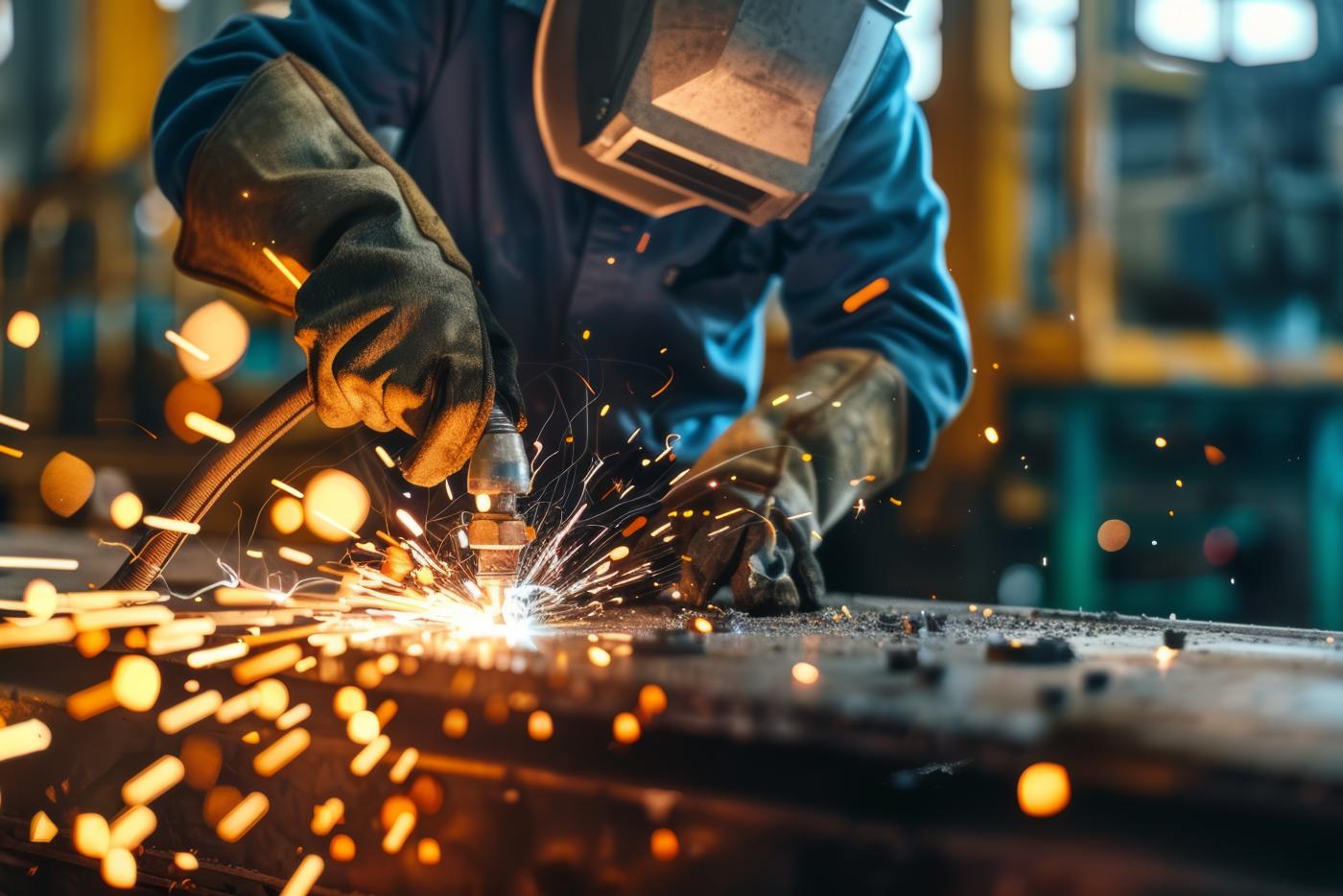 Skillful metal worker working with arc welding machine in factory while wearing safety equipment.