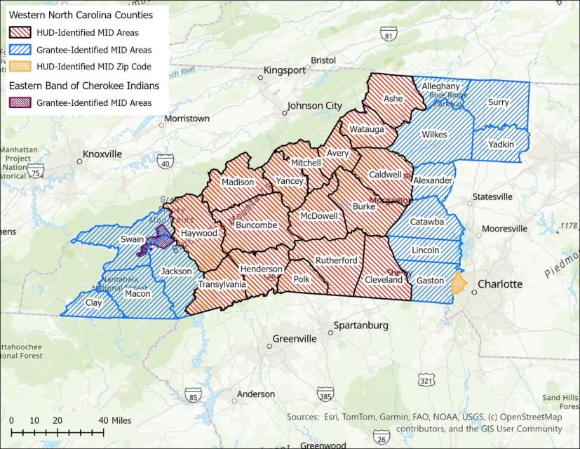 A map that provides a graphic illustration of the Helene-impacted area, including identification of the MID areas as detailed in Table 2