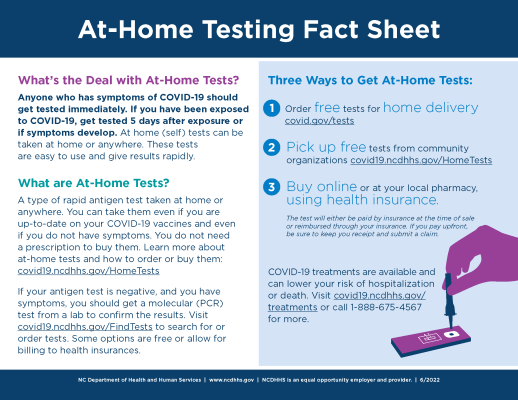 At-home testing fact sheet: At-home (self) tests can be taken at home or anywhere. These tests are easy to use and give results rapidly.