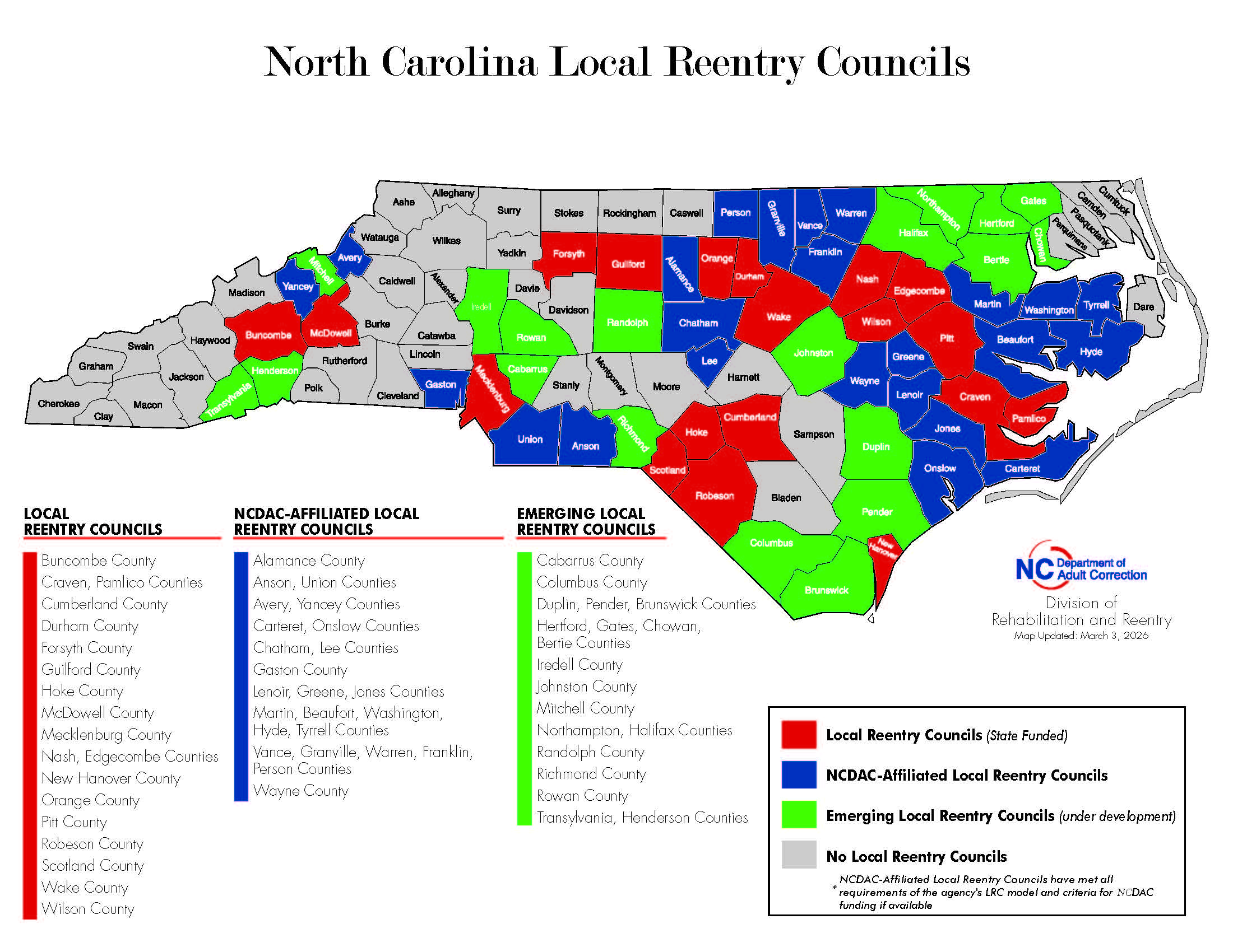Map of Local Reentry Councils around North Carolina. Color coded