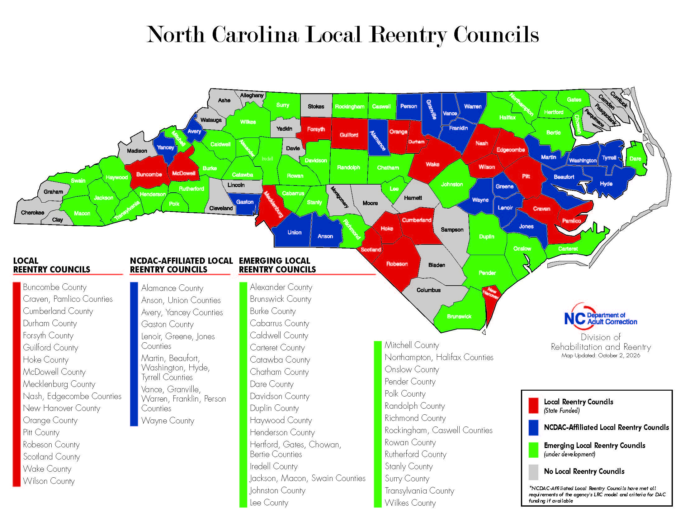 Colored map of NC Local Reentry Councils. 