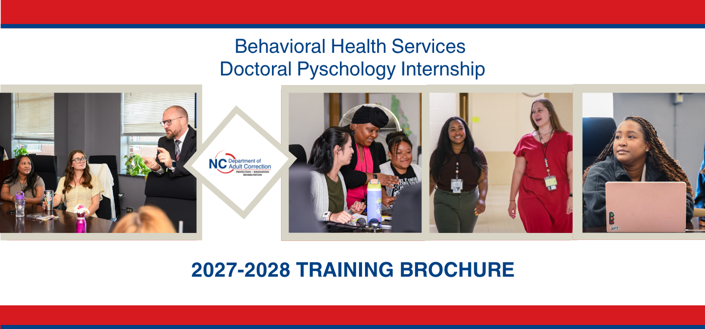 Banner for Behavioral Health Services Doctoral Psychology Internship 2027–2028 brochure, featuring diverse interns collaborating, presenting, and learning.
